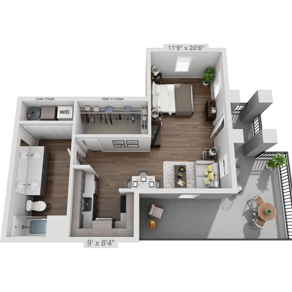 Floorplan diagram for Plan E1A, showing Studio