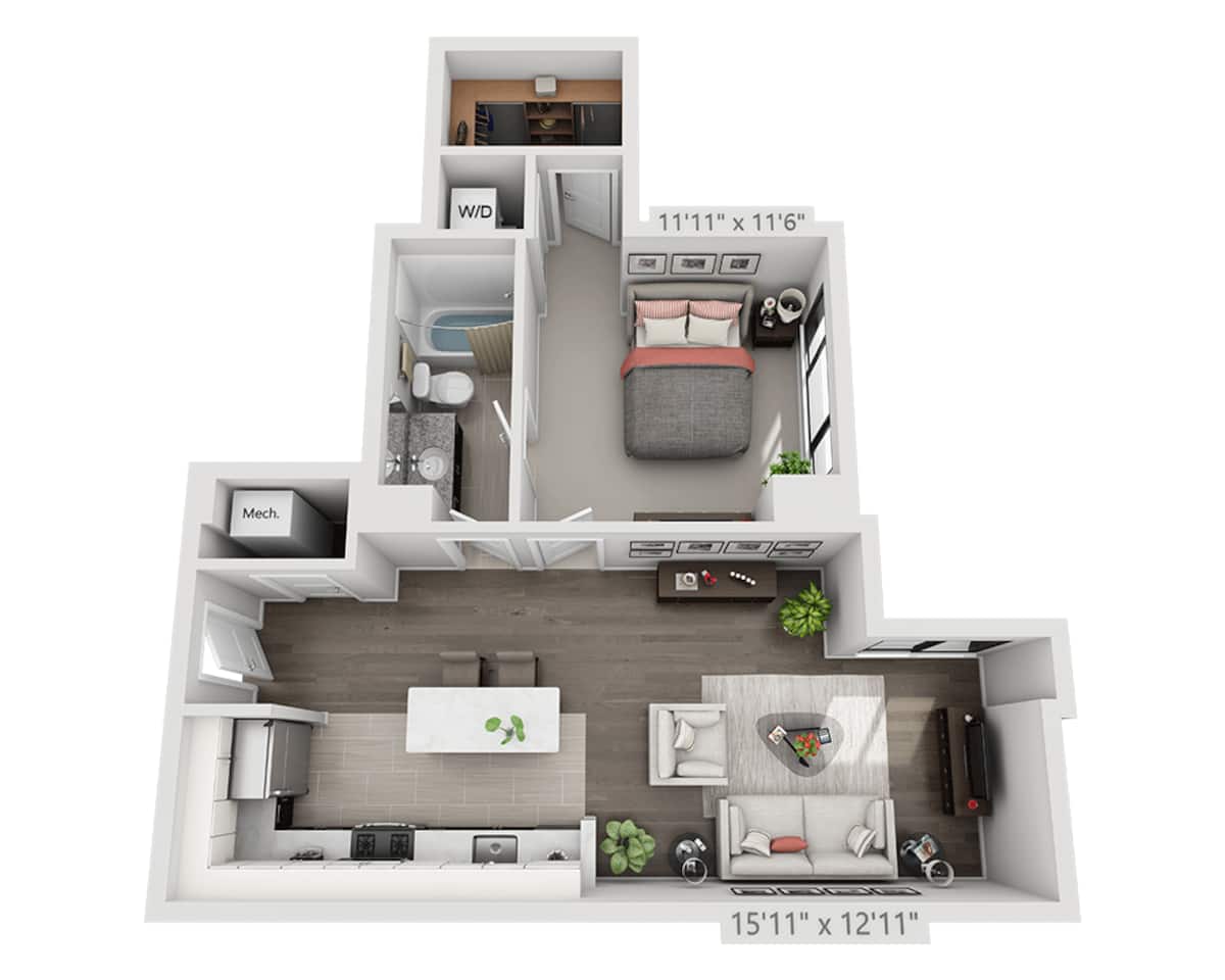 Floorplan diagram for Plan A1E, showing 1 bedroom