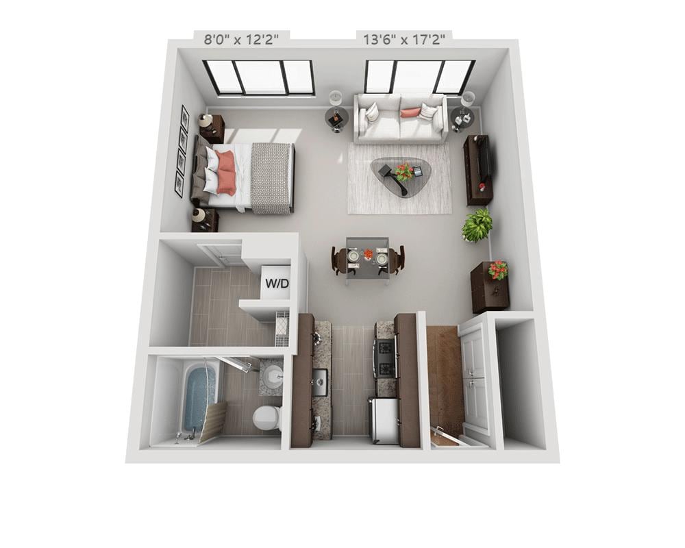 Floorplan diagram for Plan E1A, showing Studio