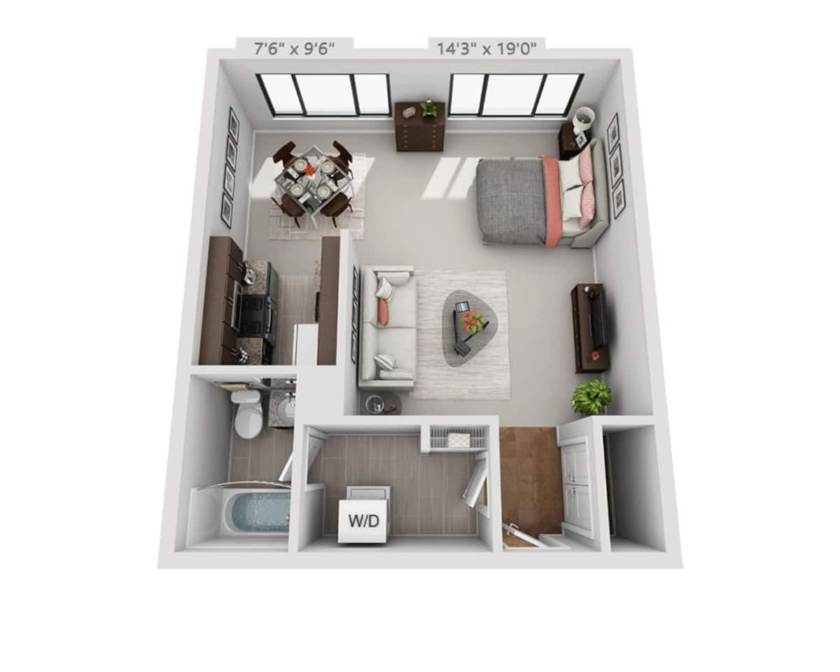 Floorplan diagram for Plan E1B, showing Studio