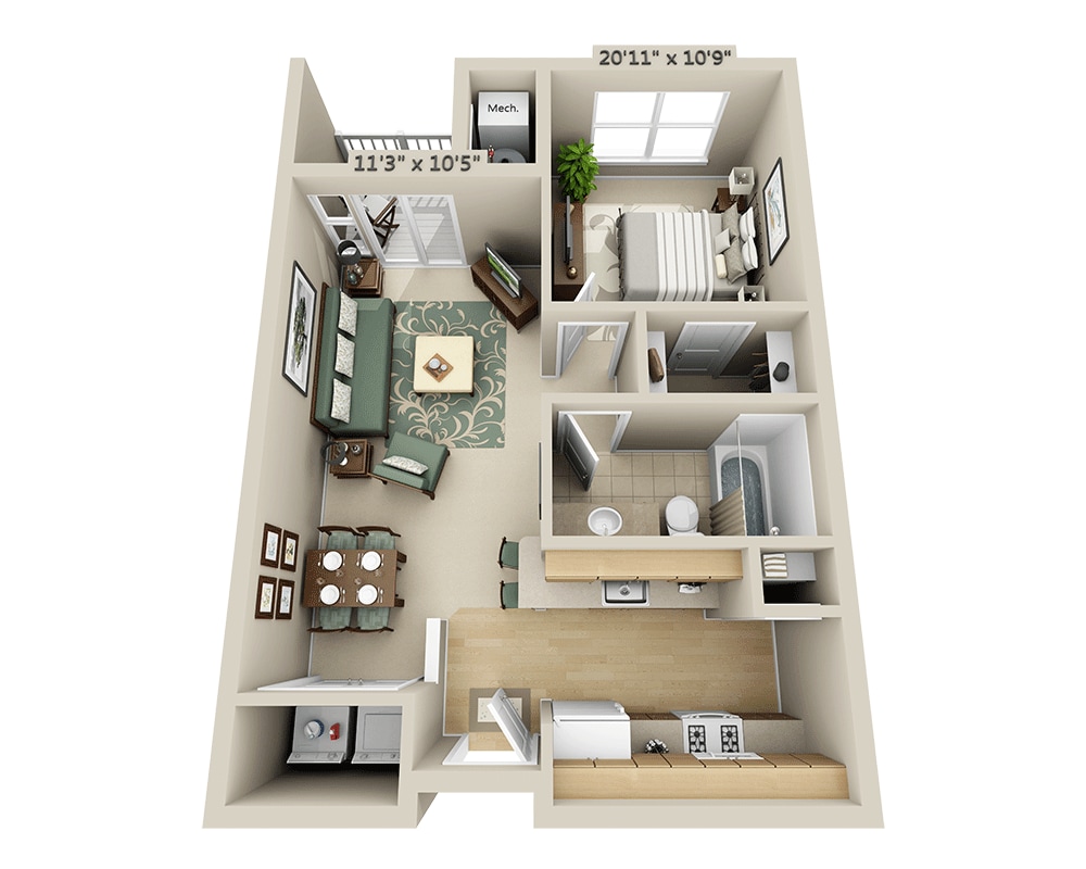 Plano de One Bedroom A1B, que muestra 1 habitación