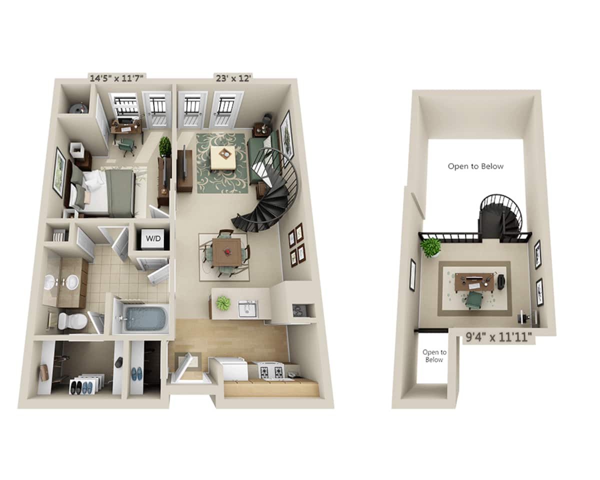 Floorplan diagram for One Bedroom Loft A1BL, showing 1 bedroom