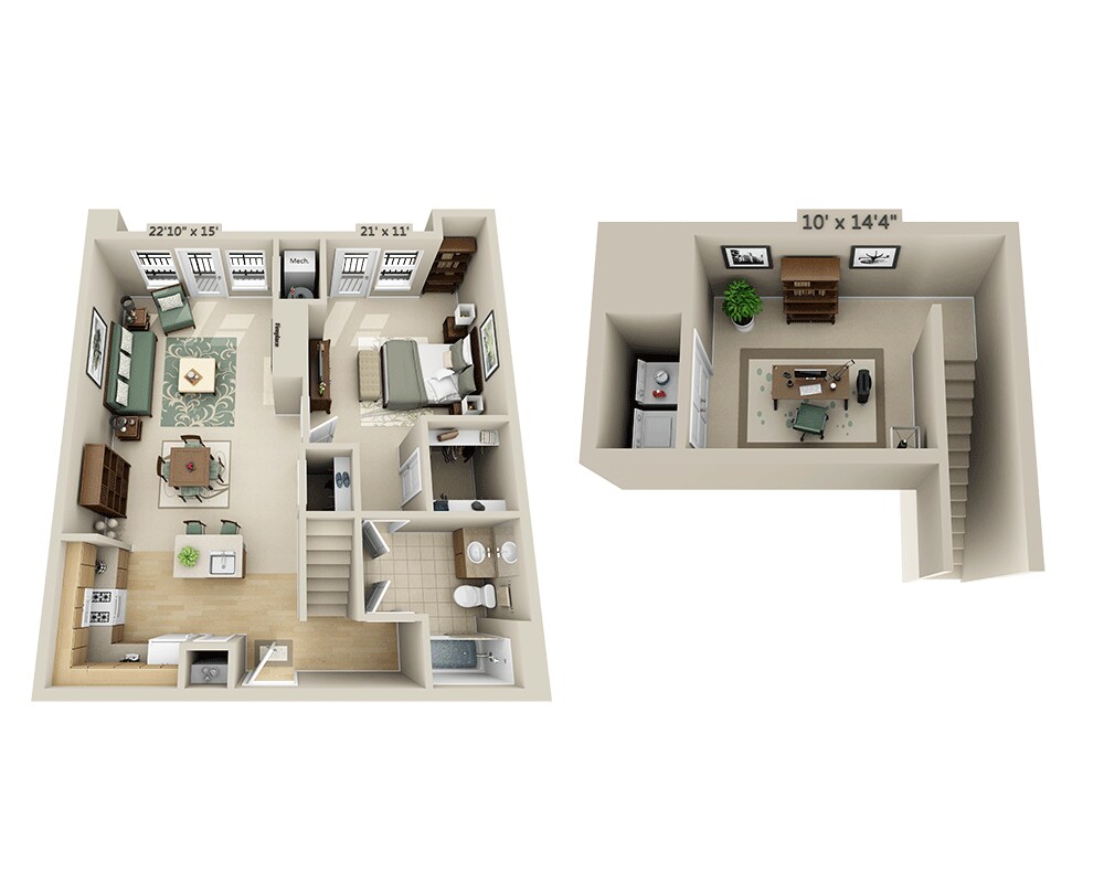 Grundrissdiagramm für One Bedroom Loft A1EL zeigt 1 Schlafzimmer