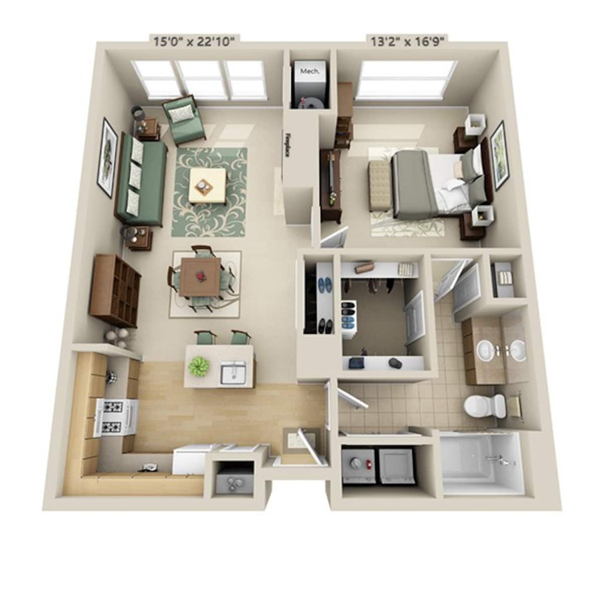 Floorplan diagram for One Bedroom A1I, showing 1 bedroom