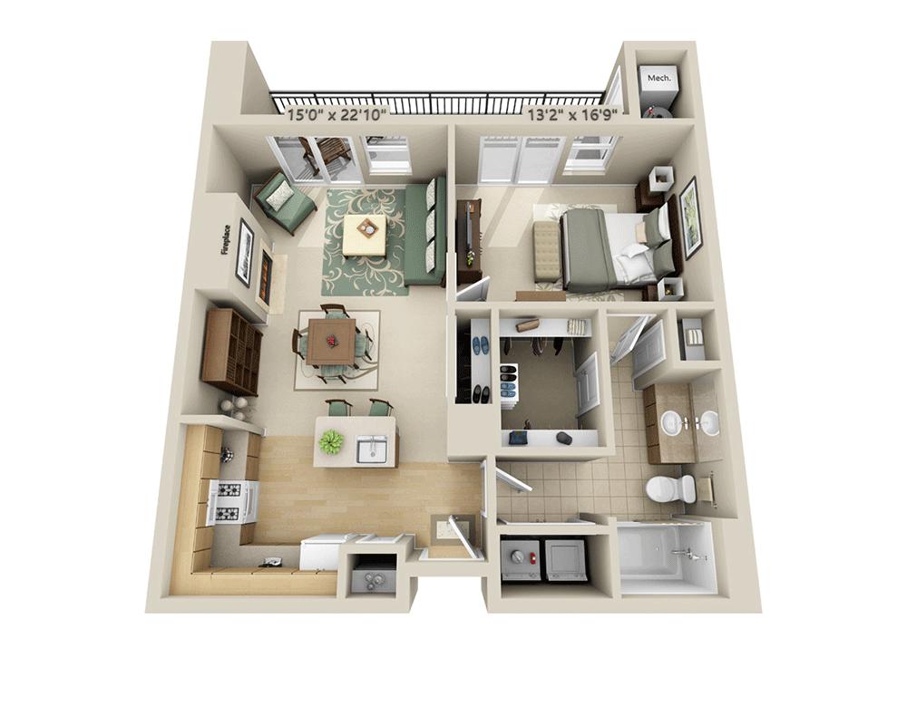 Majutuskoha plaan One Bedroom A1J, millel on näidatud 1 magamistuba