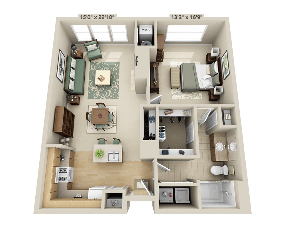 Majutuskoha plaan One Bedroom A1K, millel on näidatud 1 magamistuba