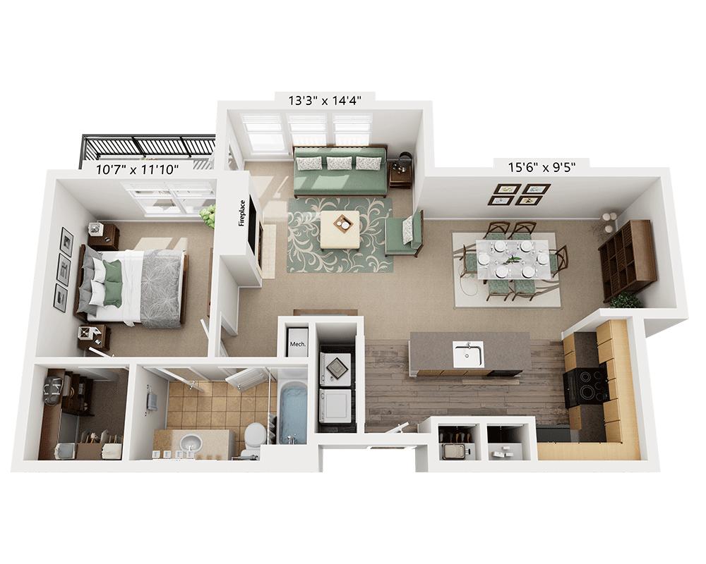 Majutuskoha plaan One Bedroom A1H, millel on näidatud 1 magamistuba