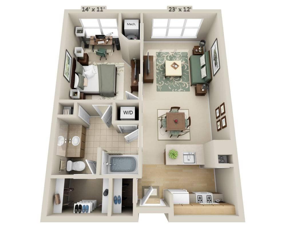 Majutuskoha plaan One Bedroom A1D, millel on näidatud 1 magamistuba