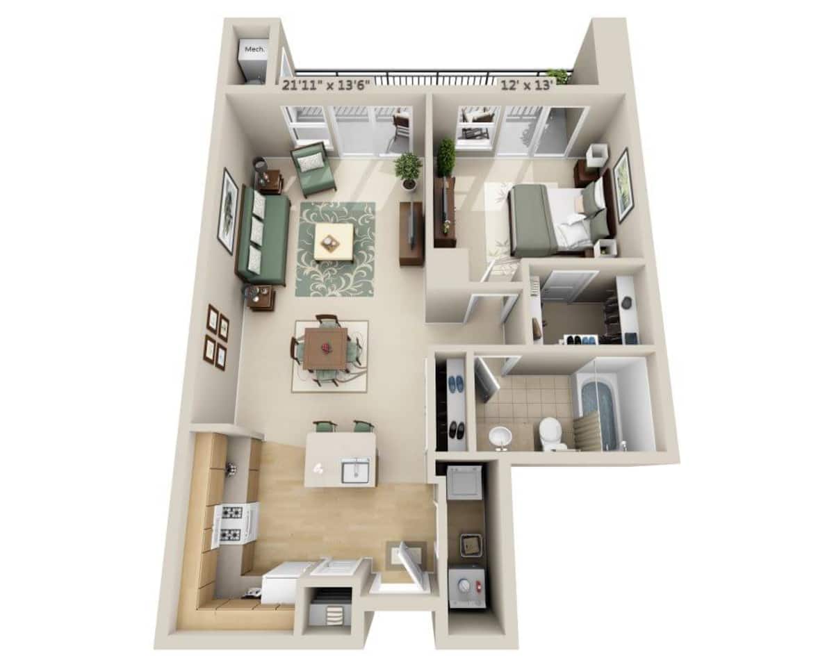 Floorplan diagram for One Bedroom A1E, showing 1 bedroom