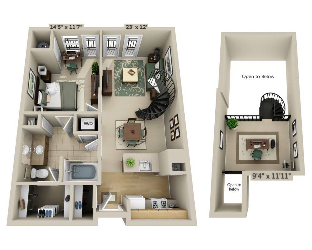 Majutuskoha plaan One Bedroom Loft A1AL, millel on näidatud 1 magamistuba