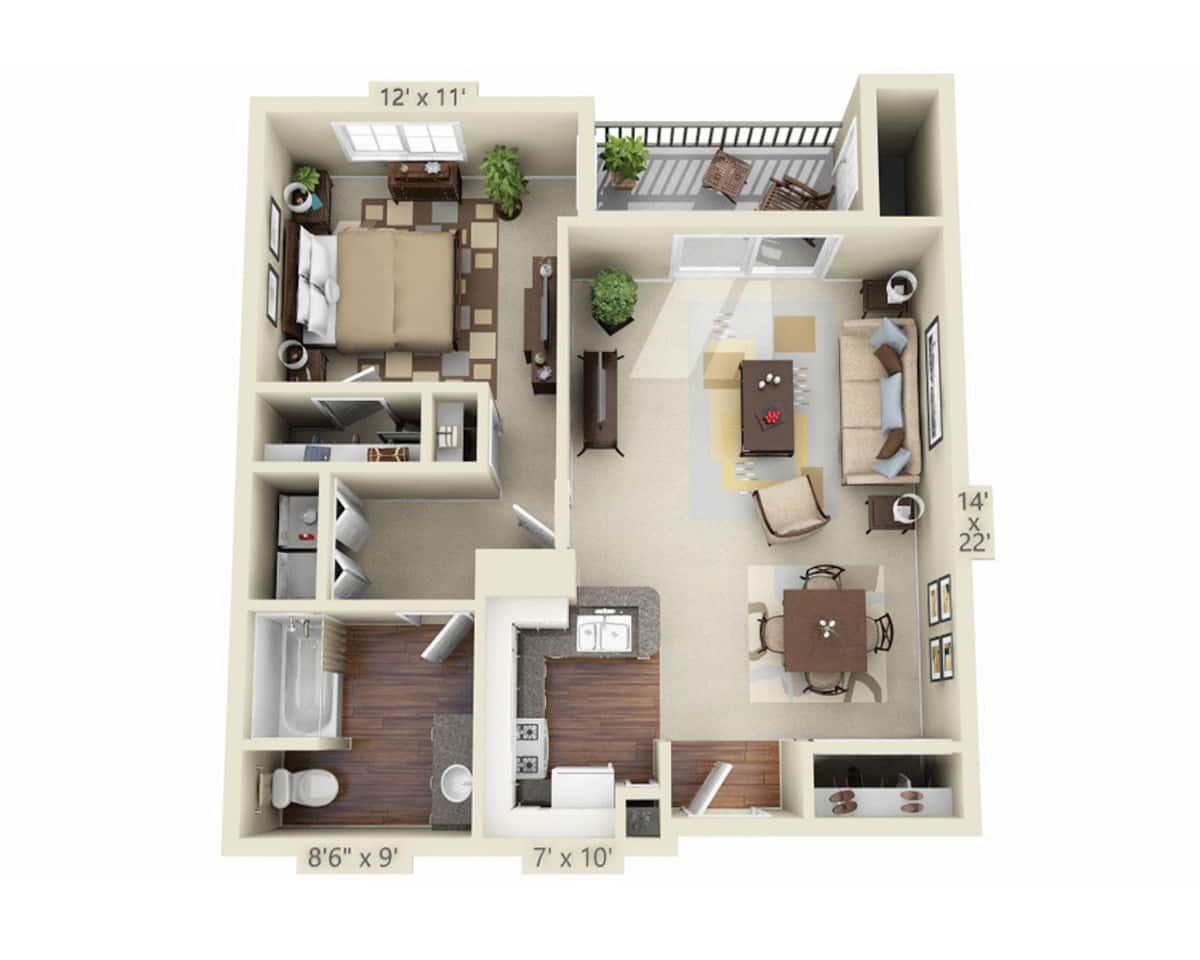 Floorplan diagram for Plan A1E, showing 1 bedroom