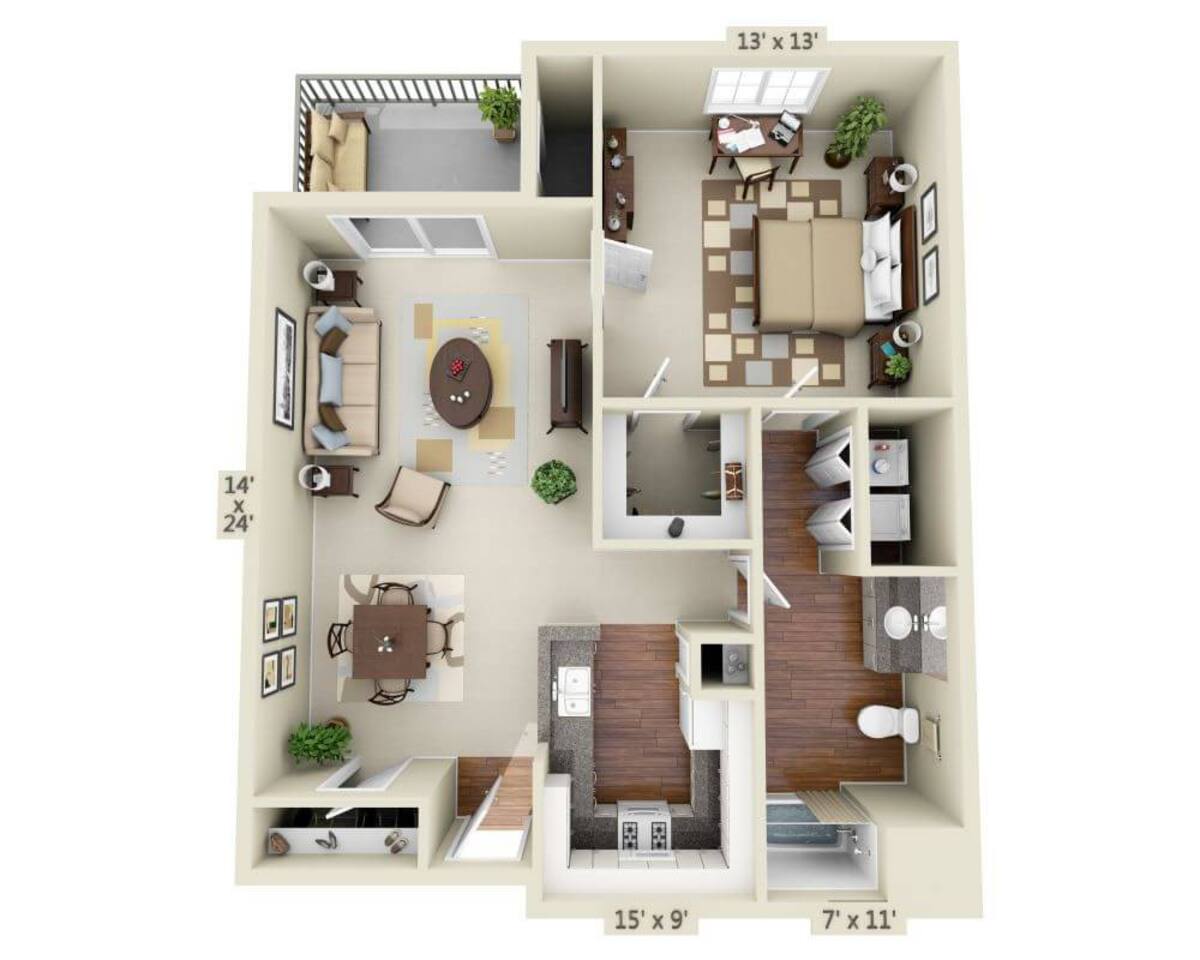 Floorplan diagram for Plan A1D, showing 1 bedroom