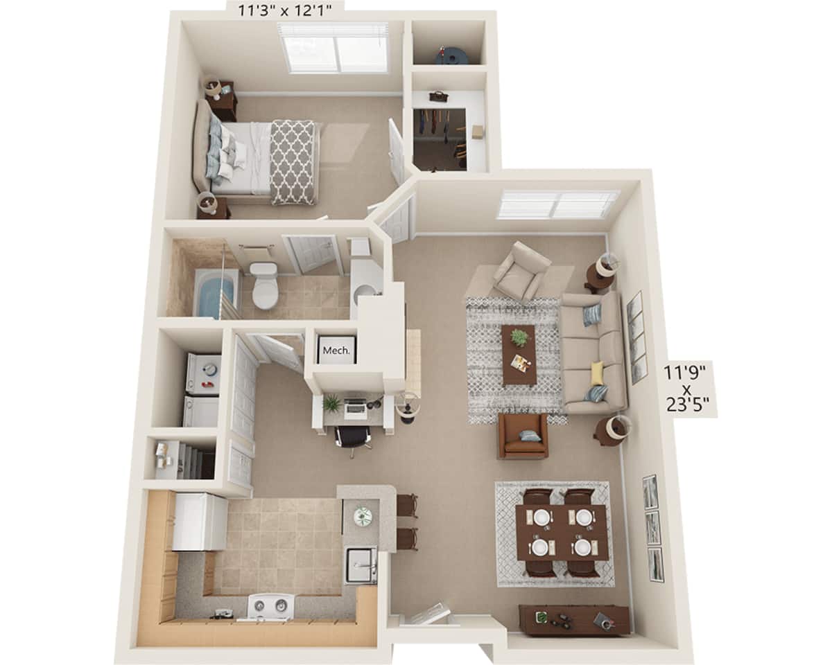 Floorplan diagram for One Bedroom A1B, showing 1 bedroom
