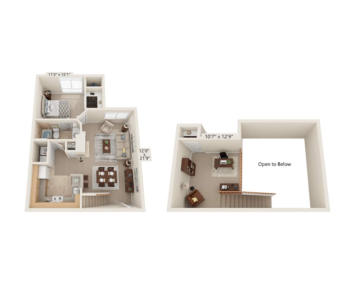 Floorplan diagram for One Bedroom Loft A1FL, showing 1 bedroom