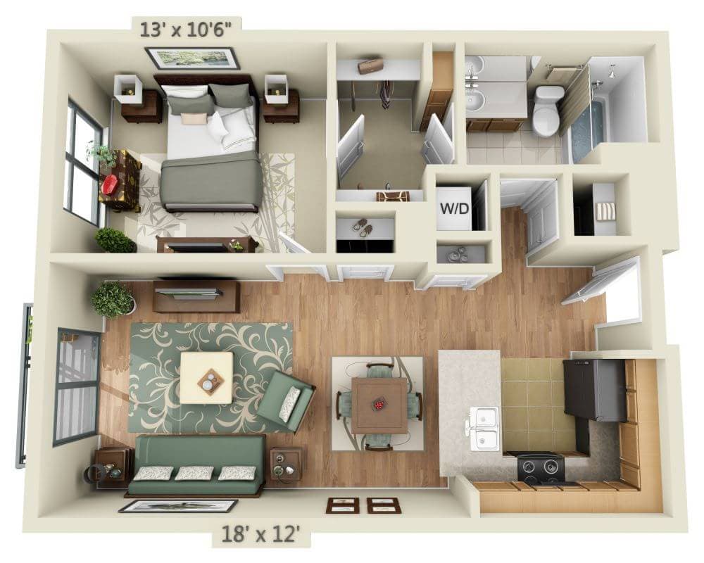 Rajah pelan lantai untuk 1 BEDROOM FLAT (A1G), menunjukkan 1 bilik tidur