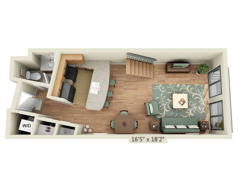 「1 BEDROOM LOFT (A1.5BL)」的平面圖，顯示1 間臥室