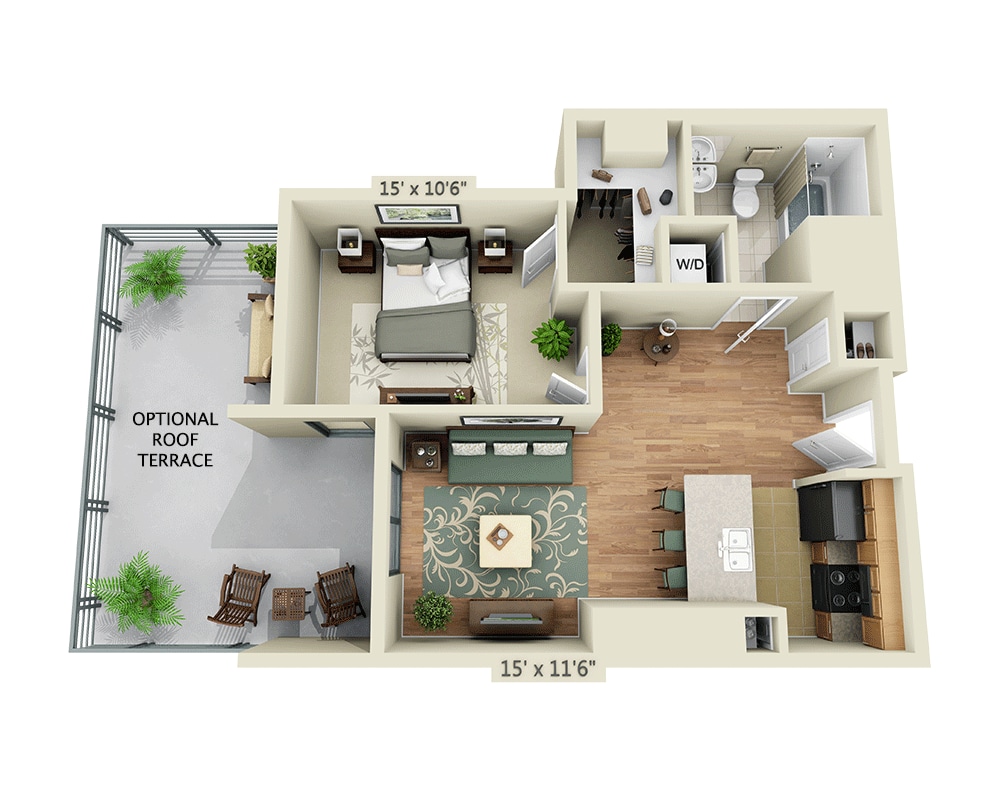 「1 BEDROOM TOWER (A1A)」的平面圖，顯示1 間臥室