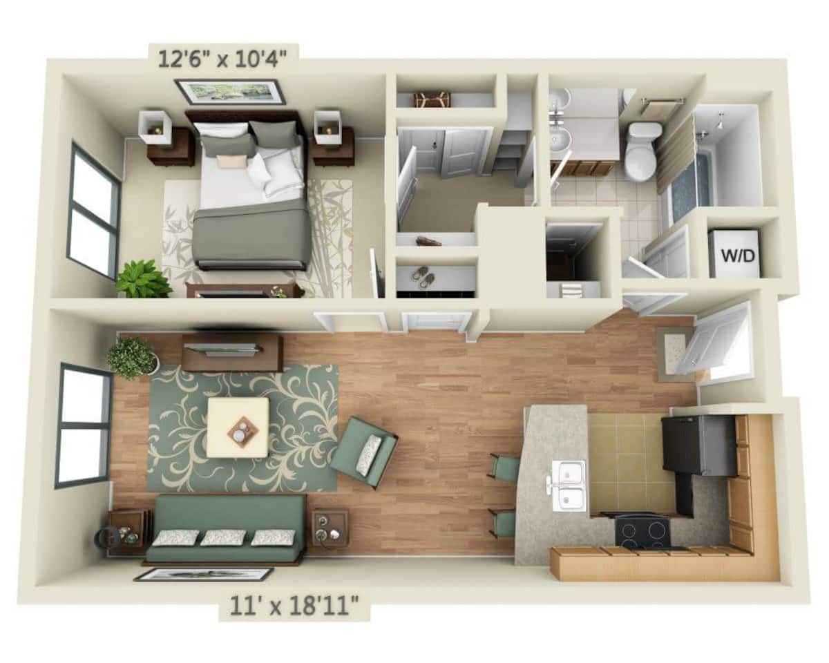 Floorplan diagram for 1 BEDROOM TOWER (A1C), showing 1 bedroom