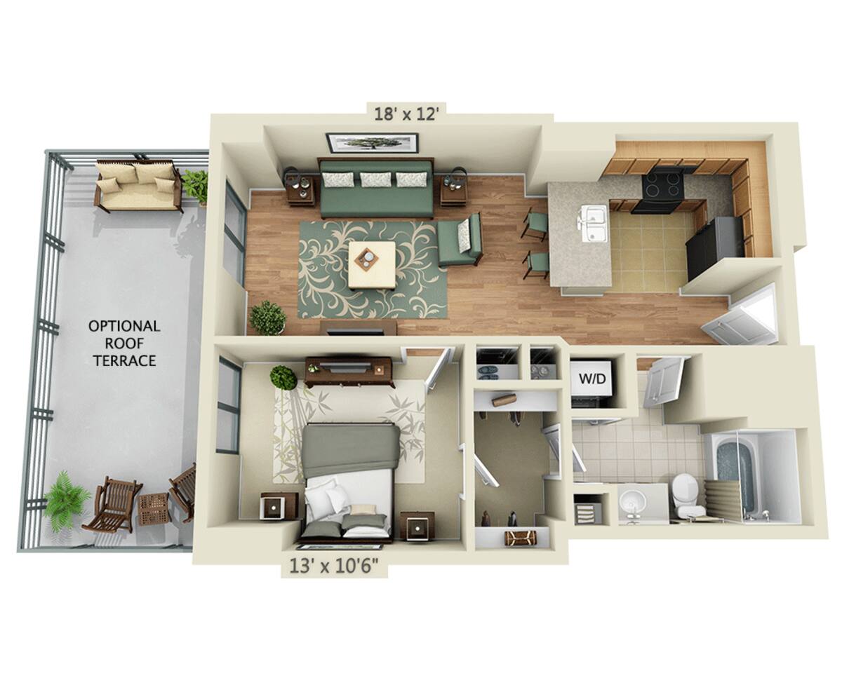 Floorplan diagram for 1 BEDROOM TOWER (A1E), showing 1 bedroom