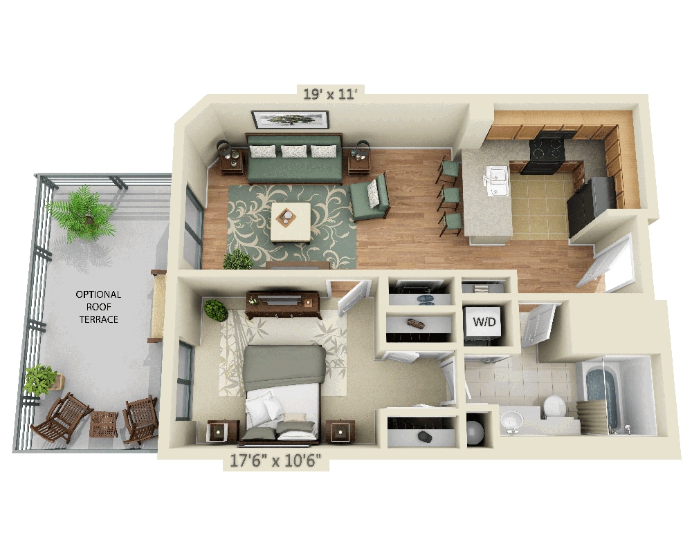 「1 BEDROOM TOWER (A1F)」的平面圖，顯示1 間臥室