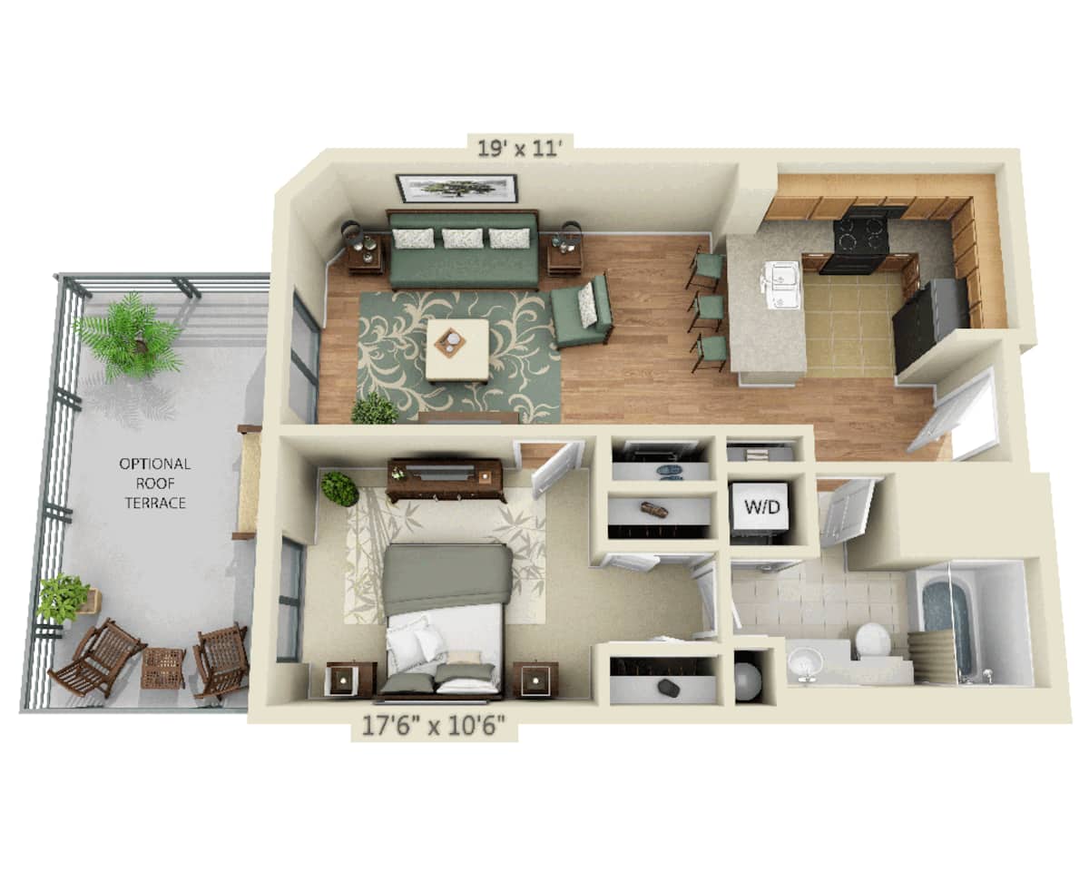 Floorplan diagram for 1 BEDROOM TOWER (A1F), showing 1 bedroom