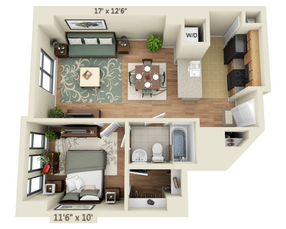 「1 BEDROOM TOWER (A1M)」的平面圖，顯示1 間臥室