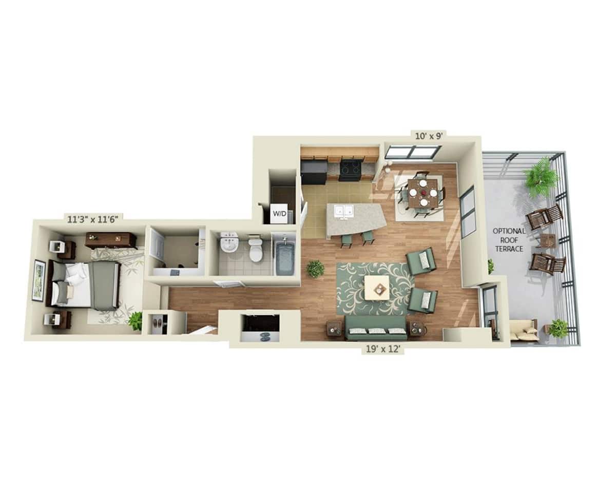Floorplan diagram for 1 BEDROOM TOWER (A1N), showing 1 bedroom