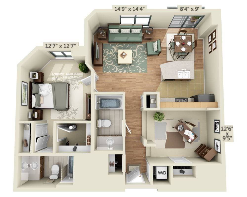 「1 BEDROOM TOWER (A2AD)」的平面圖，顯示1 間臥室
