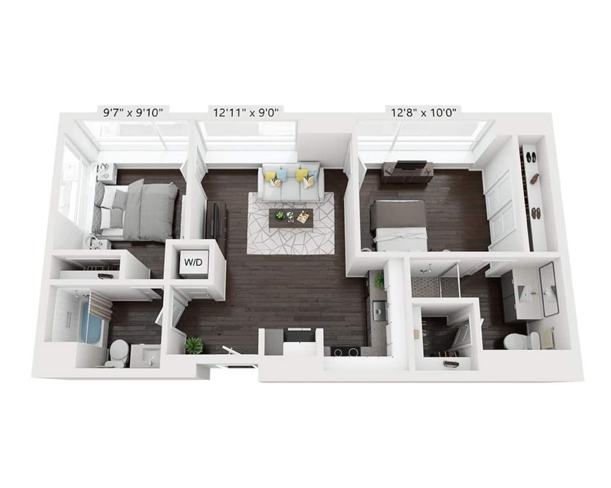 Floorplan diagram for Plan B2B22, showing 2 bedroom