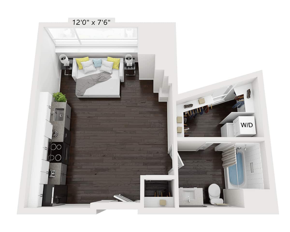 Floorplan diagram for Plan E1A22, showing Studio