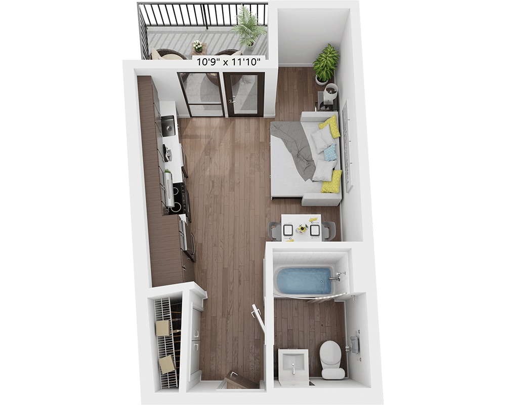 Telpu plānojuma diagramma: Studio E1B; rāda: Studijas tipa dzīvoklis