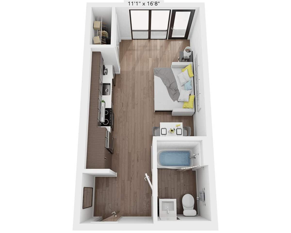 Floorplan diagram for Studio E1E, showing Studio
