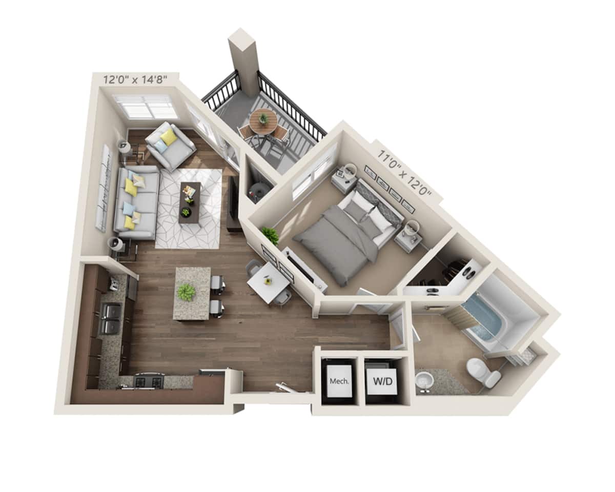 Floorplan diagram for One Bedroom A1B, showing 1 bedroom