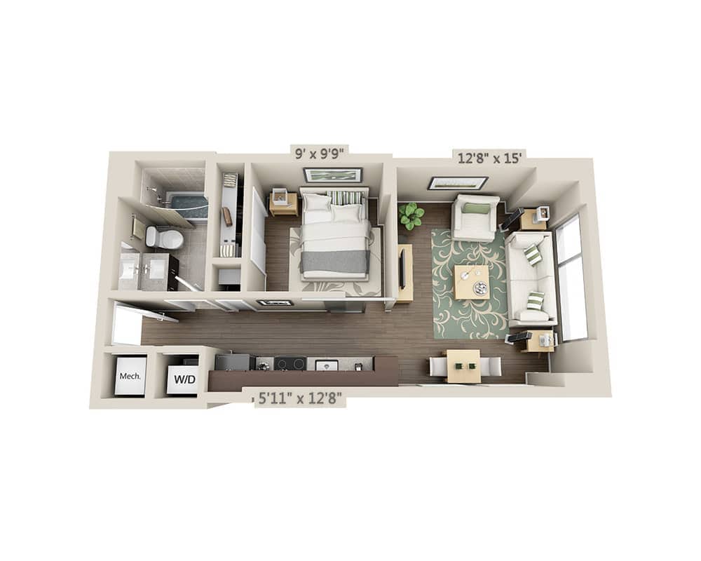 Grundrissdiagramm für One Bedroom A1A zeigt 1 Schlafzimmer