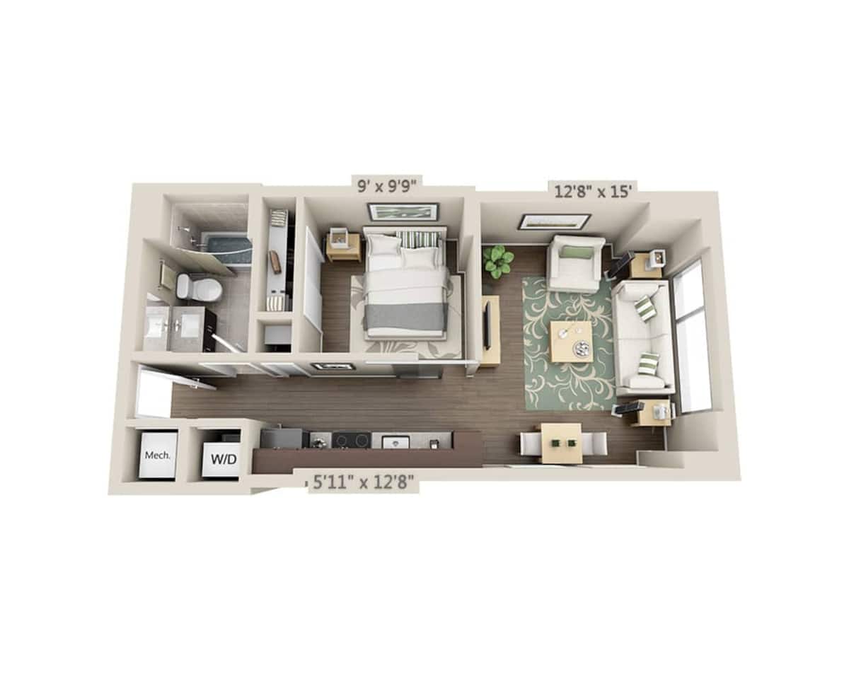 Floorplan diagram for One Bedroom A1A, showing 1 bedroom