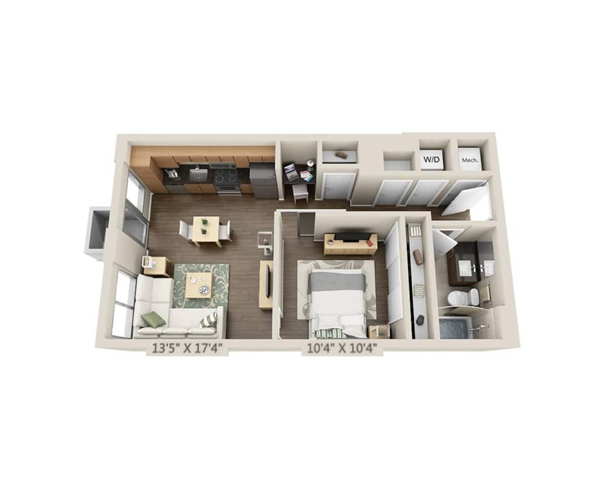 Floorplan diagram for One Bedroom A1B, showing 1 bedroom