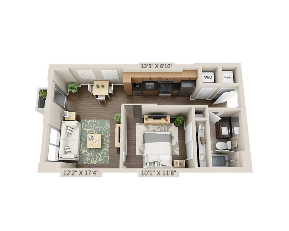 Floorplan diagram for One Bedroom A1D, showing 1 bedroom