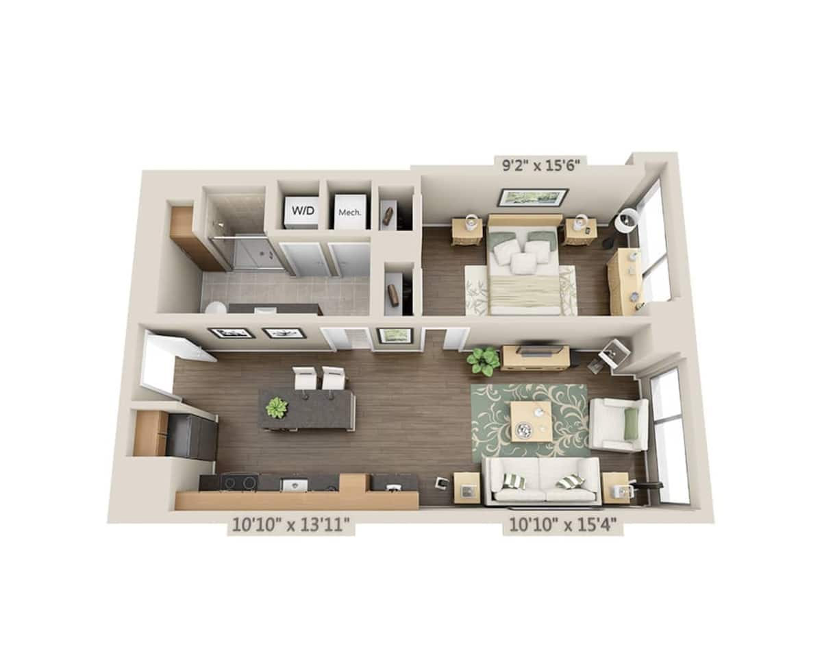 Floorplan diagram for One Bedroom A1F, showing 1 bedroom