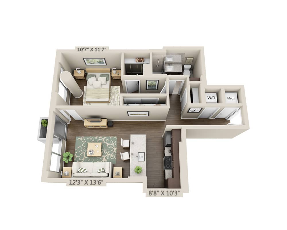 Diagram denah lantai untuk One Bedroom A1G, yang menunjukkan 1 kamar tidur