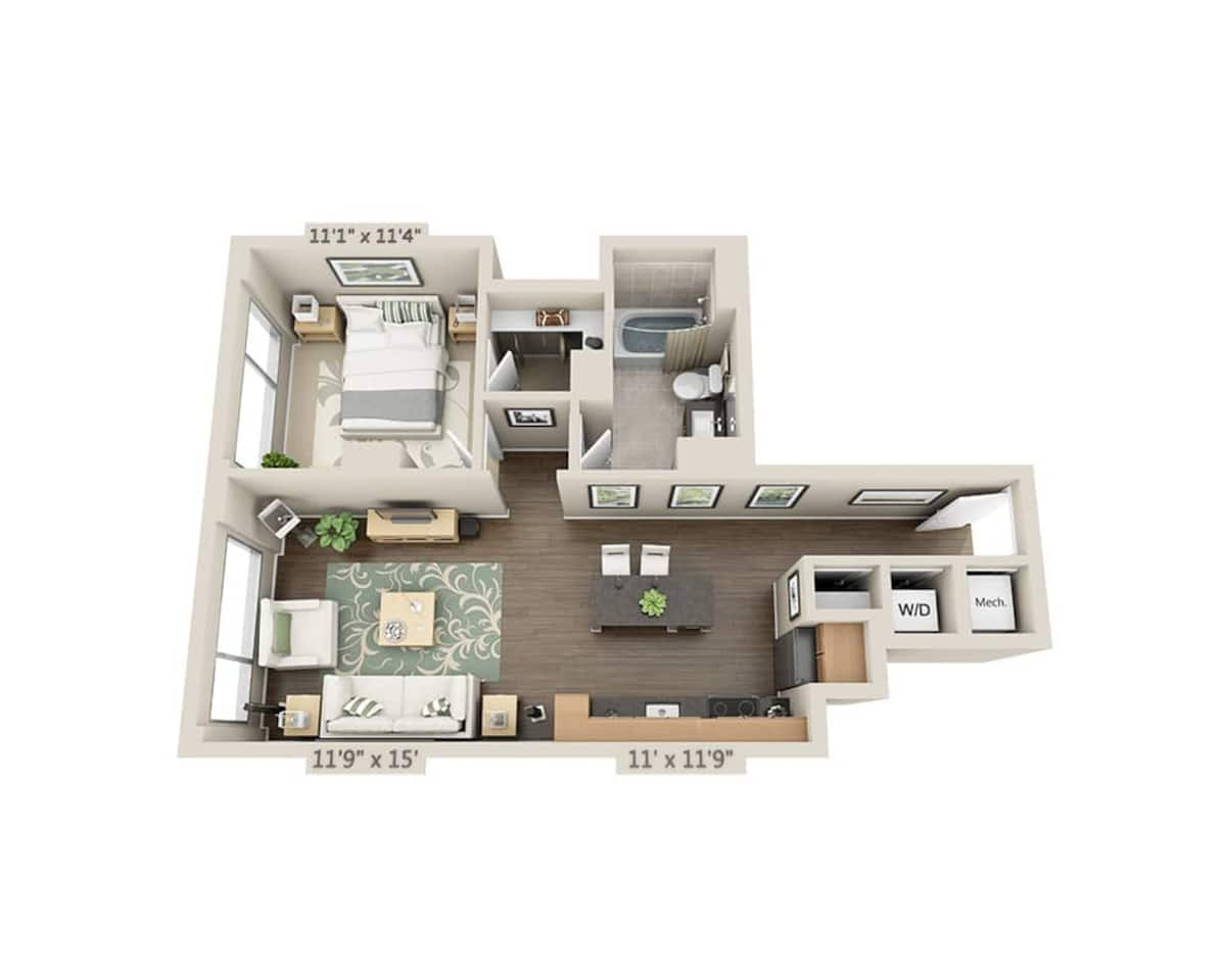 Floorplan diagram for One Bedroom A1H, showing 1 bedroom