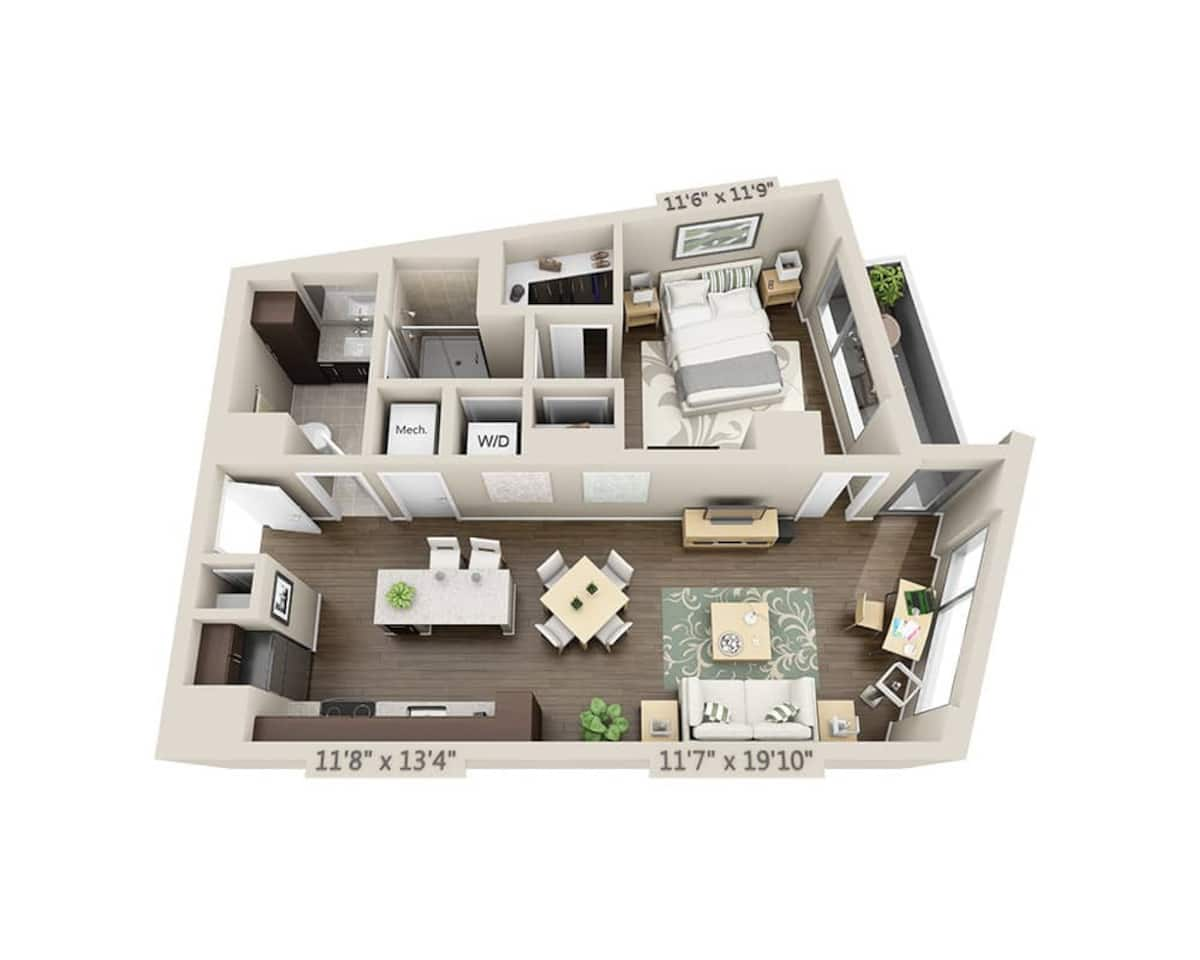 Floorplan diagram for One Bedroom A1K, showing 1 bedroom