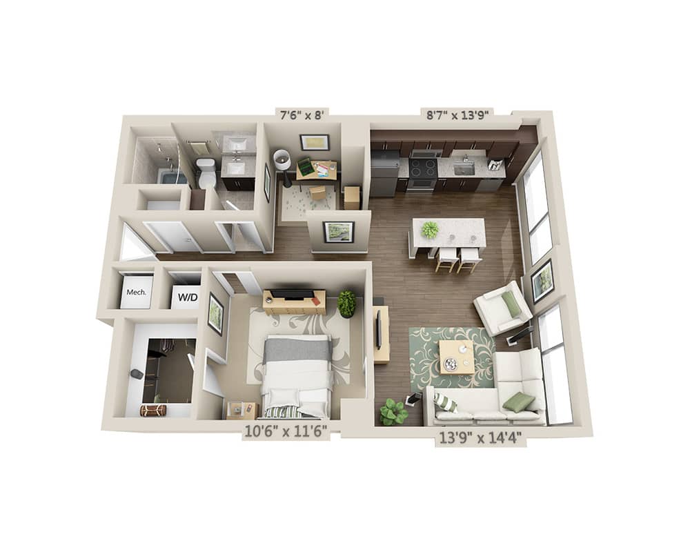 Grundrissdiagramm für One Bedroom A1OD zeigt 1 Schlafzimmer