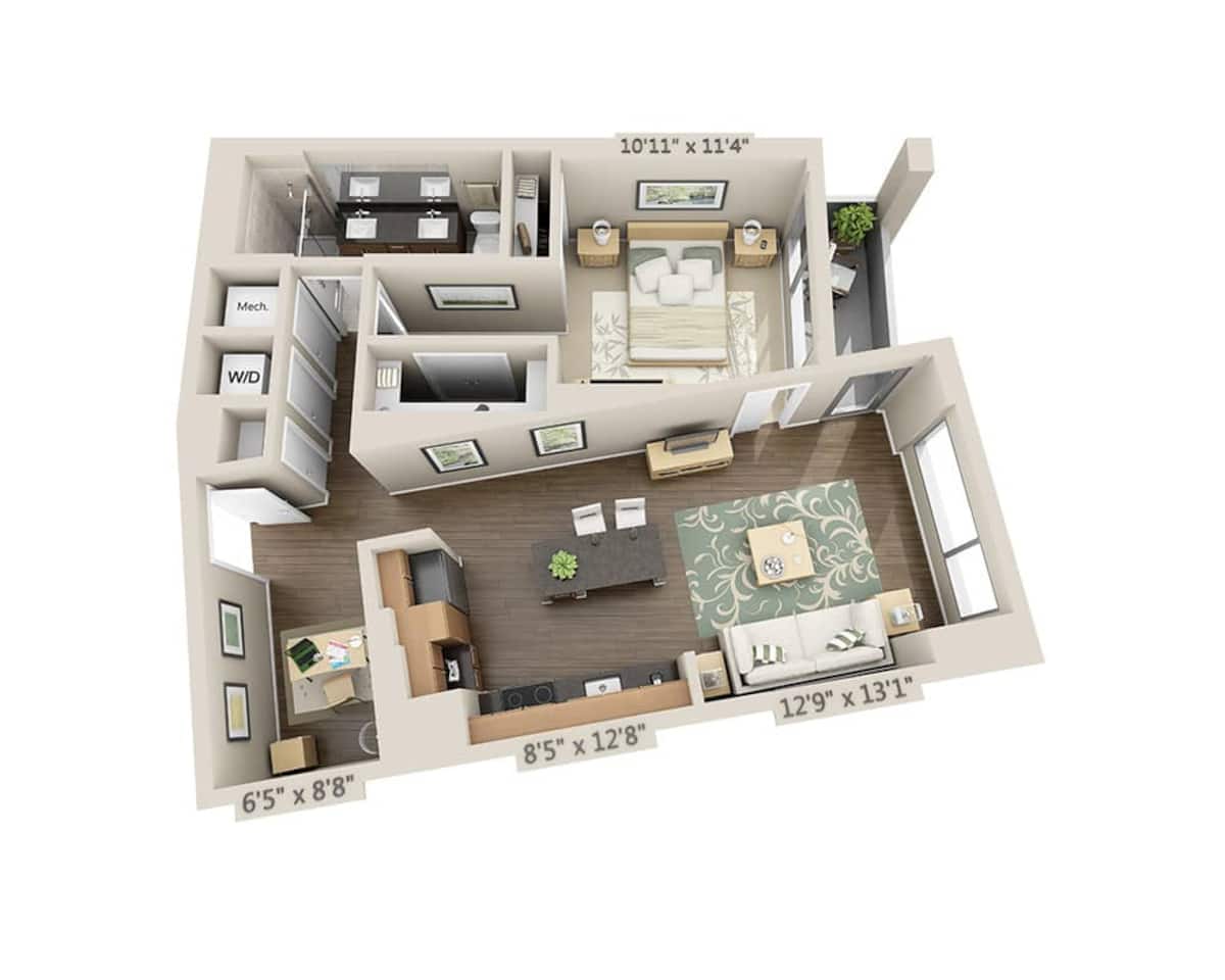 Floorplan diagram for One Bedroom A1SD, showing 1 bedroom
