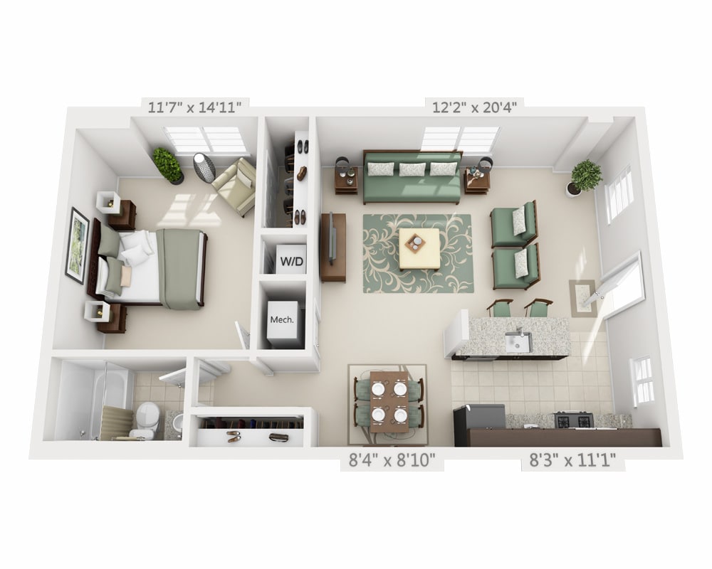 Majutuskoha plaan One Bedroom A1A, millel on näidatud 1 magamistuba