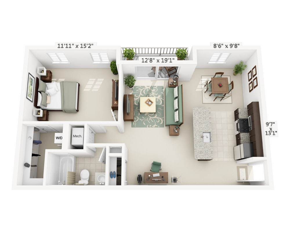 Majutuskoha plaan One Bedroom A1B, millel on näidatud 1 magamistuba