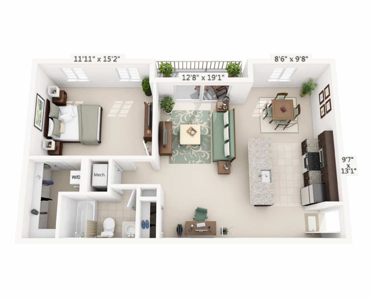 Floorplan diagram for One Bedroom A1B, showing 1 bedroom