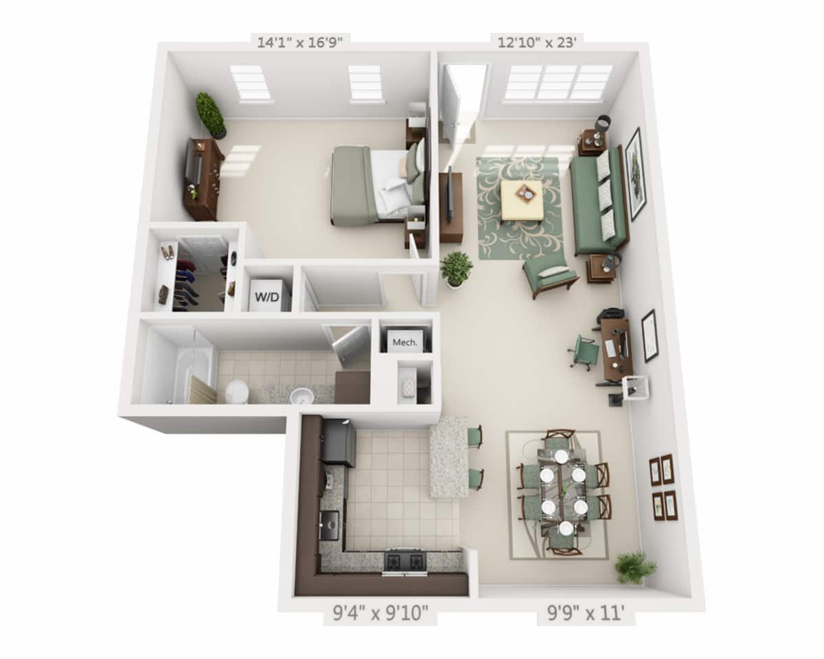 Floorplan diagram for One Bedroom A1C, showing 1 bedroom