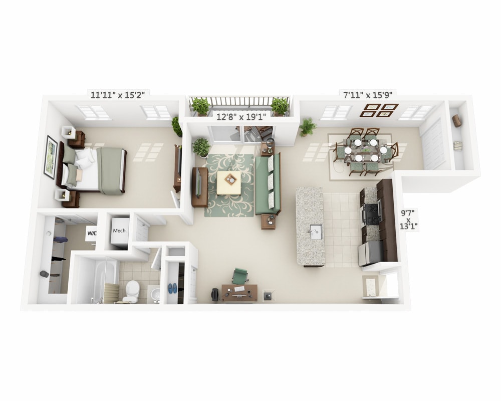 Majutuskoha plaan One Bedroom with Den A1BD, millel on näidatud 1 magamistuba