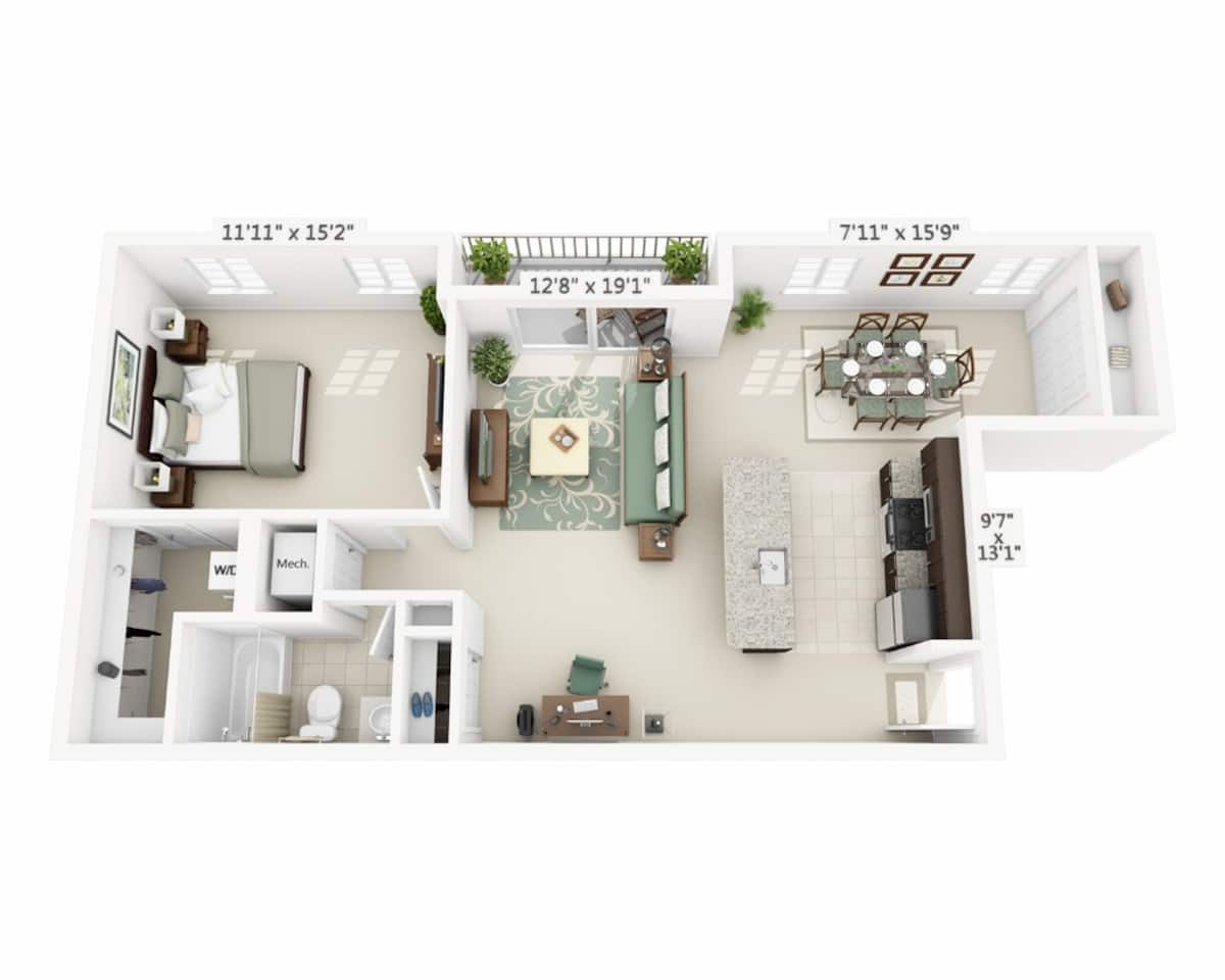 Floorplan diagram for One Bedroom with Den A1BD, showing 1 bedroom