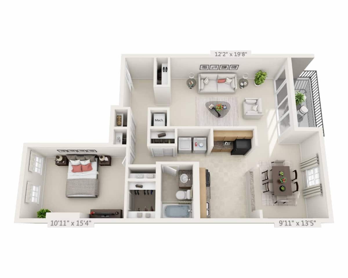 Floorplan diagram for One Bedroom A1B, showing 1 bedroom